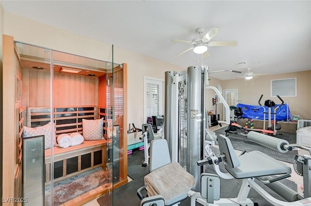 interior space featuring ceiling fan