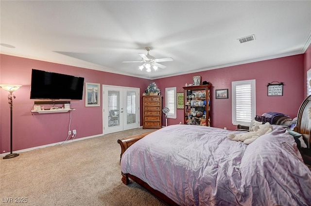 bedroom featuring carpet, french doors, ceiling fan, access to exterior, and ornamental molding