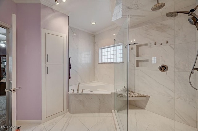 bathroom with separate shower and tub and crown molding