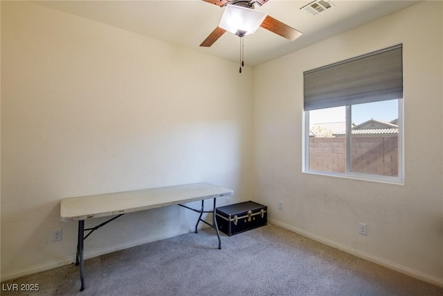 unfurnished office with light colored carpet and ceiling fan