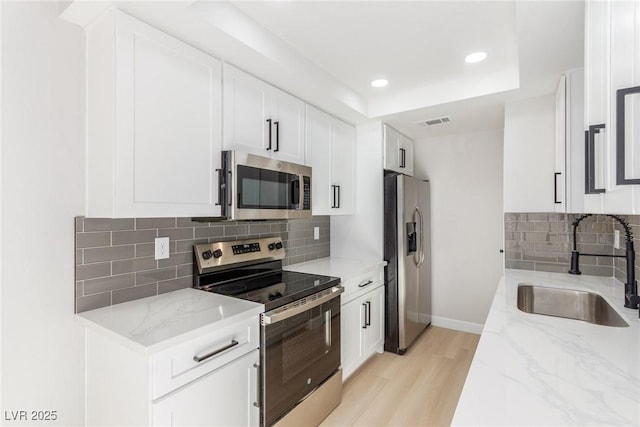 kitchen featuring white cabinets, stainless steel appliances, a tray ceiling, and sink