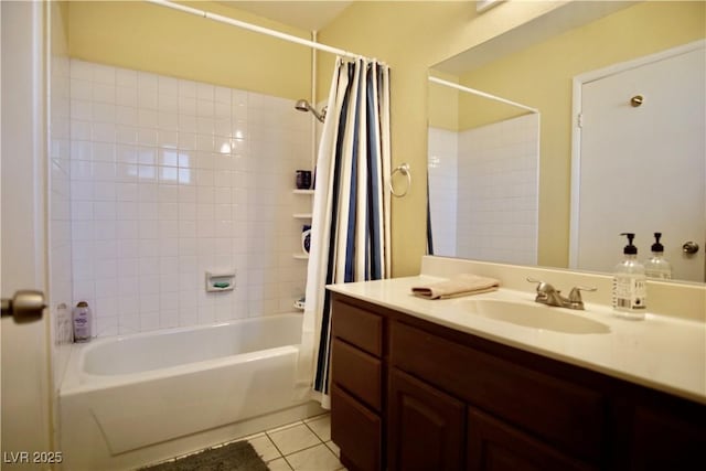 bathroom with tile patterned flooring, vanity, and shower / tub combo with curtain