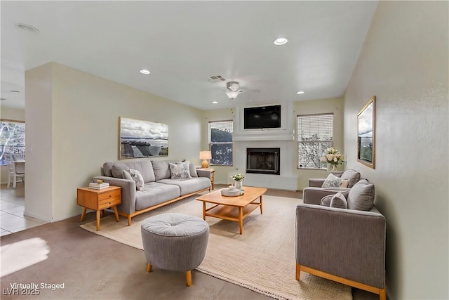 living room featuring ceiling fan