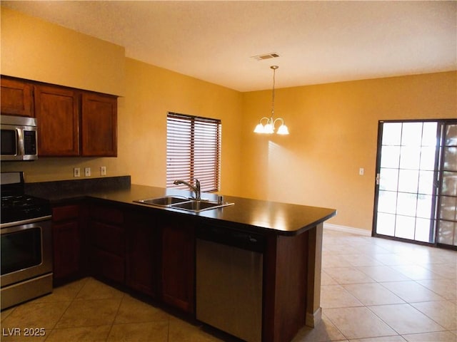 kitchen featuring kitchen peninsula, sink, a notable chandelier, and appliances with stainless steel finishes