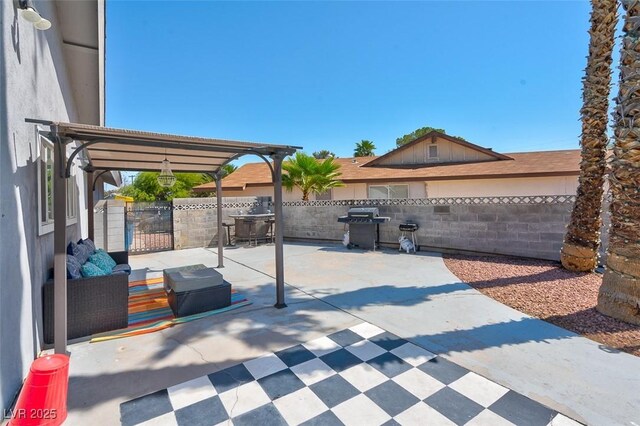 view of patio featuring a pergola and grilling area