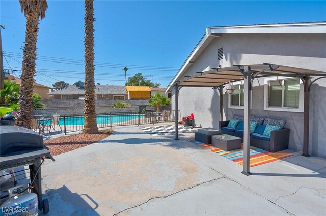 view of patio featuring outdoor lounge area, a pergola, a fenced in pool, and a grill