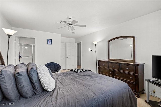 bedroom with light colored carpet and ceiling fan