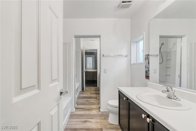 bathroom featuring vanity, wood-type flooring, and toilet