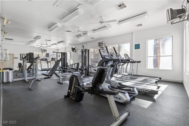 workout area featuring ceiling fan