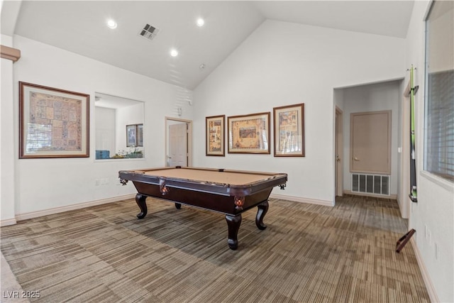 game room featuring carpet flooring, high vaulted ceiling, and pool table