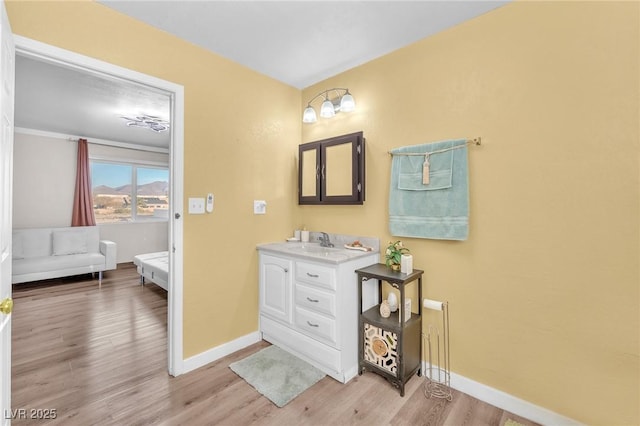 interior space featuring light wood-type flooring, a sink, and baseboards