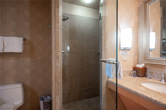 bathroom with vanity, an enclosed shower, and toilet