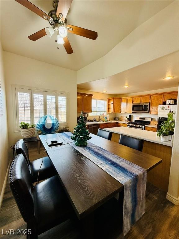 dining room with dark hardwood / wood-style flooring, vaulted ceiling, ceiling fan, and sink