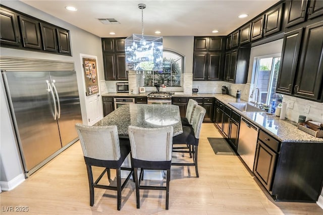 kitchen featuring decorative backsplash, appliances with stainless steel finishes, sink, pendant lighting, and a center island