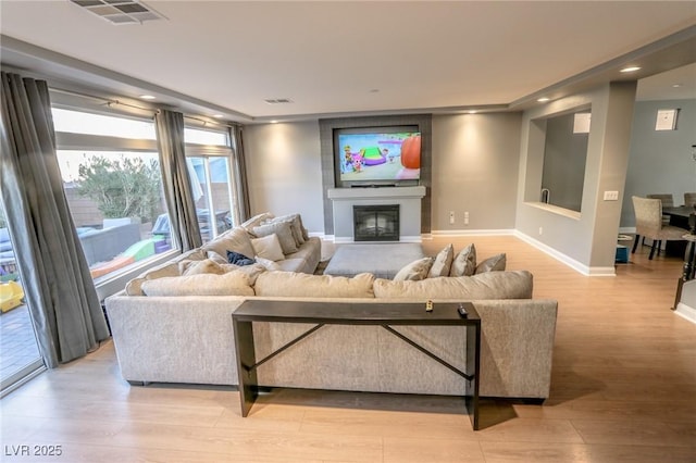 living room featuring a fireplace and light hardwood / wood-style floors