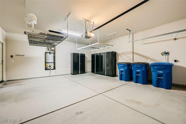 garage featuring water heater and a garage door opener