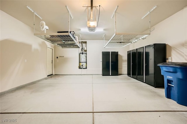 garage featuring a garage door opener and secured water heater