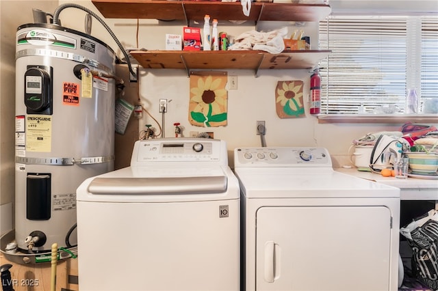 laundry area featuring secured water heater and independent washer and dryer