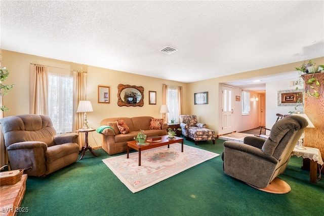 carpeted living room featuring a textured ceiling