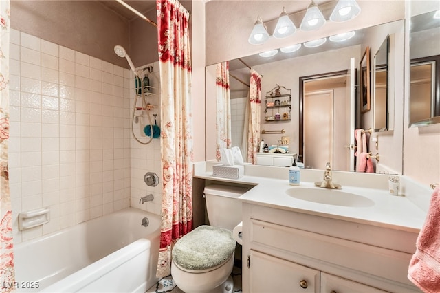 full bathroom with shower / bath combo with shower curtain, vanity, and toilet