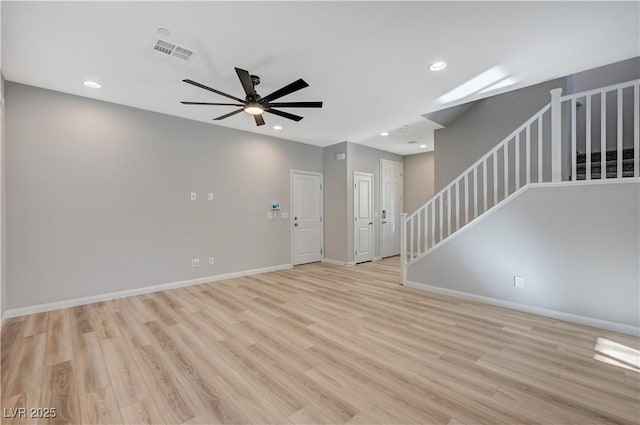 unfurnished living room featuring light hardwood / wood-style floors and ceiling fan