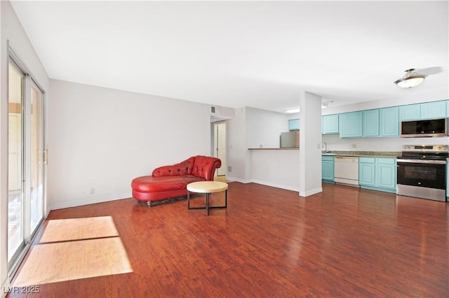 living area with dark hardwood / wood-style floors and sink