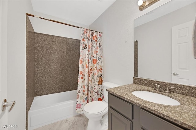 full bathroom featuring shower / bath combo with shower curtain, vanity, and toilet