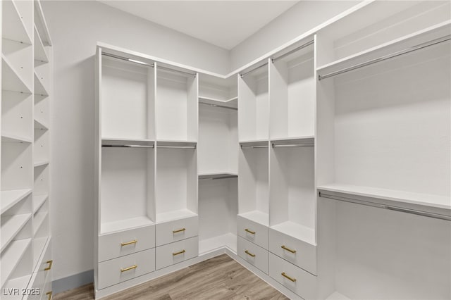 walk in closet with light hardwood / wood-style floors