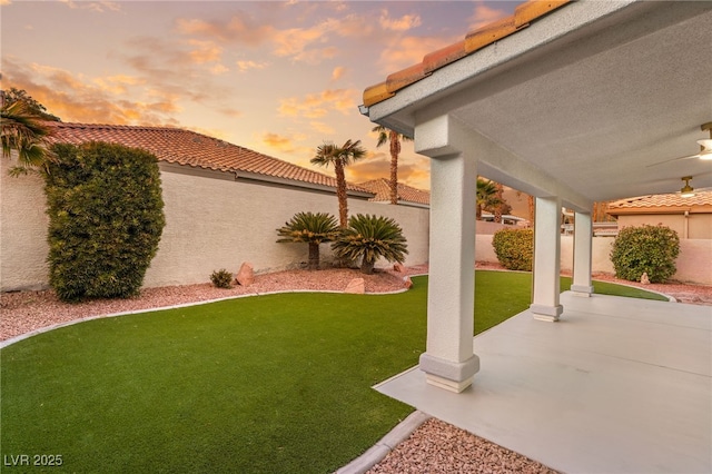 yard at dusk with a patio area