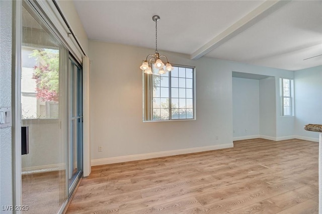 1701 King James St Unit 101, Las Vegas, NV 89144 - empty room featuring a chandelier, beam ceiling, light wood finished floors, and baseboards