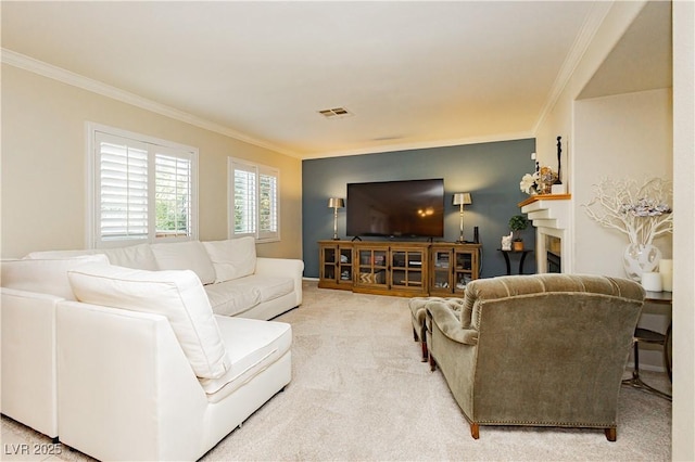 living room with carpet floors and ornamental molding