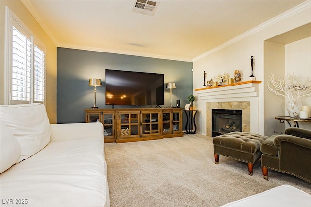 living room featuring carpet flooring and ornamental molding