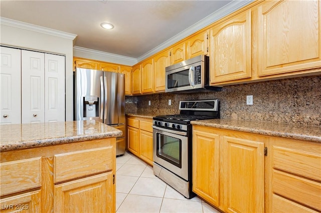 kitchen featuring crown molding, decorative backsplash, light stone countertops, light tile patterned floors, and stainless steel appliances