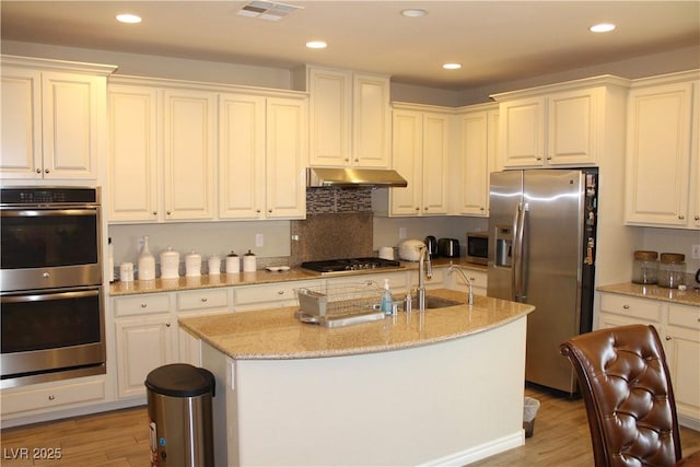 kitchen with light wood-type flooring, an island with sink, stainless steel appliances, and sink