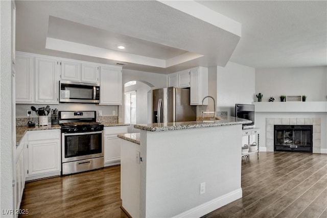 3320 Haven Beach Way, Las Vegas, NV 89117 - kitchen with stainless steel appliances, a tray ceiling, dark wood-style floors, light stone counters, and recessed lighting