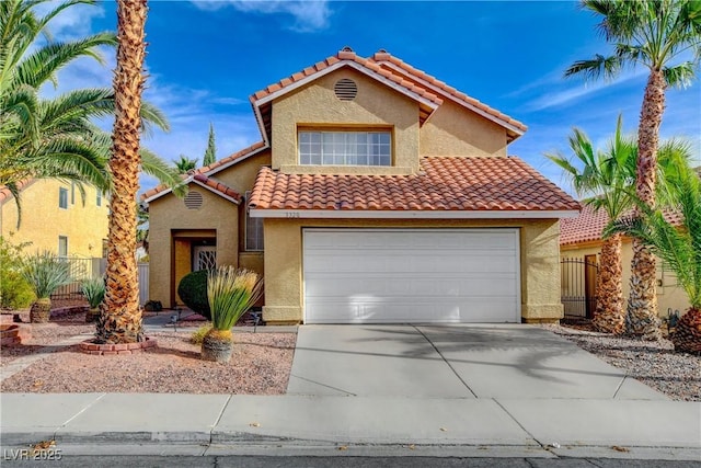 3320 Haven Beach Way, Las Vegas, NV 89117 - mediterranean / spanish-style house featuring a tile roof, concrete driveway, stucco siding, and a garage
