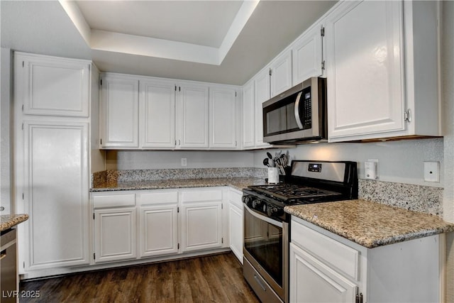 3320 Haven Beach Way, Las Vegas, NV 89117 - kitchen featuring stainless steel appliances, white cabinets, a tray ceiling, and dark wood finished floors