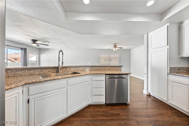 3320 Haven Beach Way, Las Vegas, NV 89117 - kitchen featuring a ceiling fan, dishwasher, dark wood-style flooring, white cabinetry, and recessed lighting