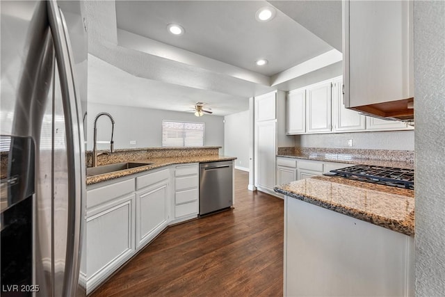 3320 Haven Beach Way, Las Vegas, NV 89117 - kitchen featuring appliances with stainless steel finishes, a raised ceiling, dark wood-style flooring, a ceiling fan, and light stone countertops