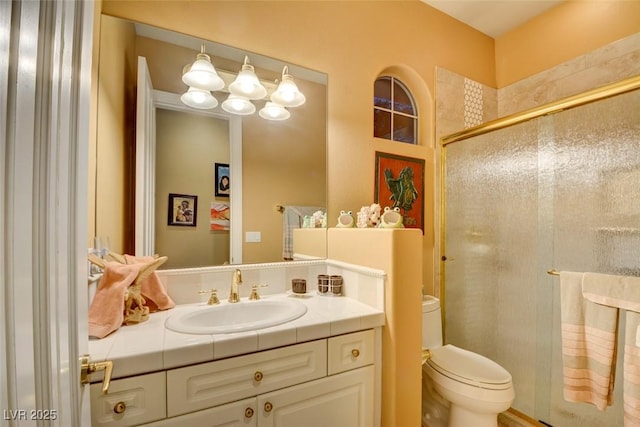 bathroom featuring vanity, toilet, and a shower with door