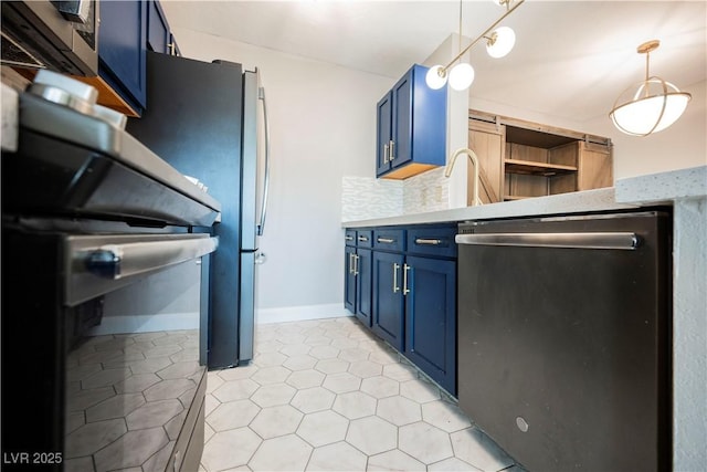 kitchen with blue cabinets, hanging light fixtures, appliances with stainless steel finishes, and tasteful backsplash