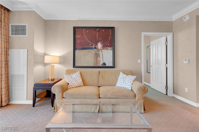 living room featuring crown molding