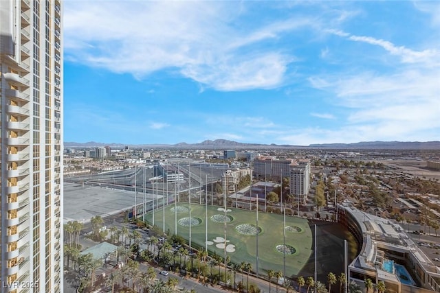 drone / aerial view featuring a mountain view