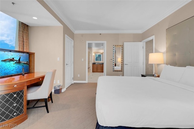 bedroom featuring connected bathroom and ornamental molding