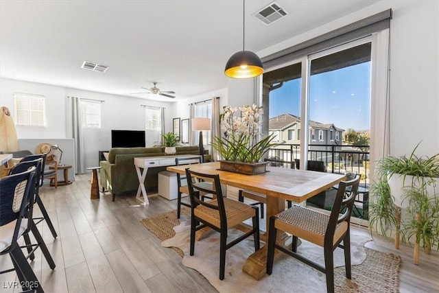 dining room with ceiling fan and light hardwood / wood-style floors