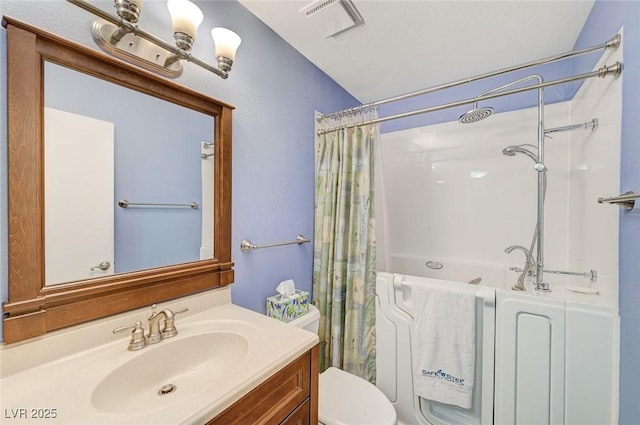 full bathroom featuring vanity, shower with separate bathtub, and toilet