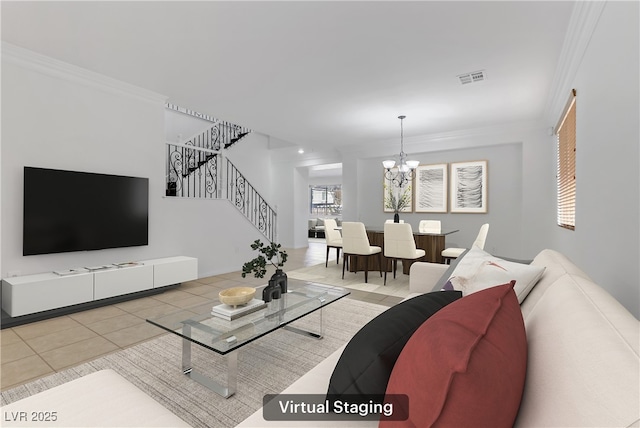 living room with a notable chandelier, crown molding, and light tile patterned flooring