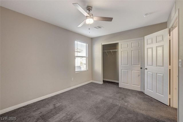 unfurnished bedroom with carpet flooring, a closet, and ceiling fan