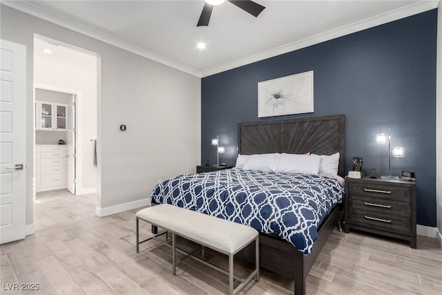 bedroom featuring light hardwood / wood-style flooring, ceiling fan, and ornamental molding