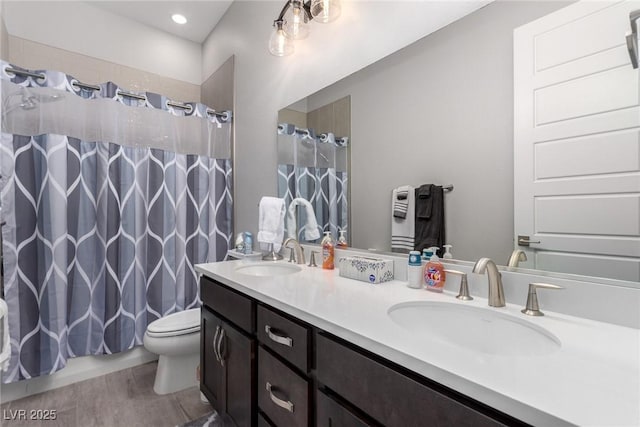 bathroom featuring vanity, a shower with shower curtain, and toilet